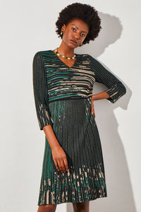 Plus Size V-Neck Patterned Ribbed Soft Knit Dress, Jewel Green/Dark Champagne/Black | Ming Wang