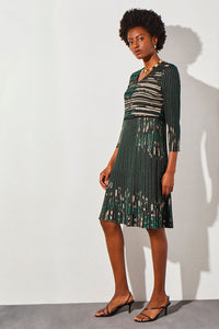 V-Neck Patterned Ribbed Soft Knit Dress, Jewel Green/Dark Champagne/Black | Ming Wang