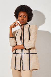 Plus Size, Leather Trim Mixed-Media Knit Jacket, Dark Champagne/Ivory/Black | Ming Wang
