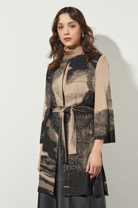 Plus Size Abstract Belted Long Soft Knit Jacket, Dark Champagne/Black | Ming Wang