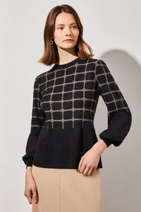 Plus Size Flared Hem Checkered Soft Knit Tunic, Black/Dark Champagne | Ming Wang