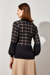 Flared Hem Checkered Soft Knit Tunic, Black/Dark Champagne | Ming Wang