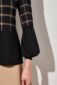 Flared Hem Checkered Soft Knit Tunic, Black/Dark Champagne | Ming Wang