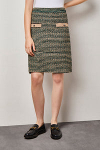 Contrast Detail Tweed Knit Pencil Skirt, Jewel Green/Dark Champagne/Lunar Rock/Black | Ming Wang