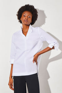 Plus Size Cuff Sleeve Hi-Lo Cotton Blouse, White | Ming Wang