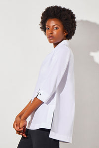 Cuff Sleeve Hi-Lo Cotton Blouse, White | Ming Wang