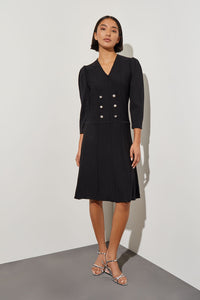 Plus Size Knee Length A-Line Dress - Faux Wrap Soft Knit, Black | Ming Wang