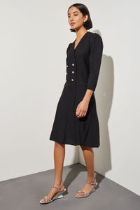 Knee Length A-Line Dress - Faux Wrap Soft Knit, Black | Ming Wang