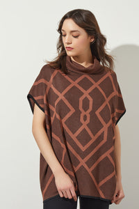 Geometric Pattern Turtleneck Soft Knit Tunic, Chestnut/Black | Ming Wang
