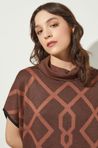 Geometric Pattern Turtleneck Soft Knit Tunic, Chestnut/Black | Ming Wang
