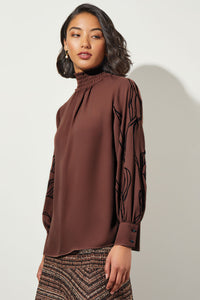 Embroidery Detail Gathered Turtleneck Crepe de Chine Blouse, Chestnut/Black | Ming Wang