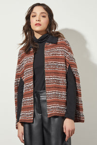 Collared Zip Front Cozy Knit Cape, Chestnut/Black/Ivory | Ming Wang