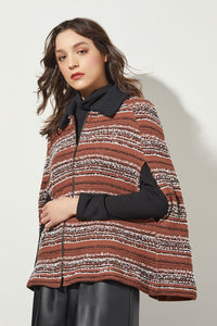 Collared Zip Front Cozy Knit Cape, Chestnut/Black/Ivory | Ming Wang