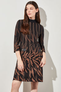 Animal Print Vegan Leather Trim Soft Knit Midi Dress, Black/Chestnut/Camel | Ming Wang