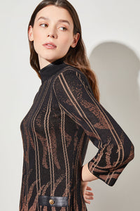 Animal Print Vegan Leather Trim Soft Knit Midi Dress, Black/Chestnut/Camel | Ming Wang