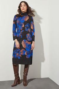 Floral Turtleneck Soft Knit Midi Dress, Black/Deep Sky/Chestnut/Camel | Ming Wang