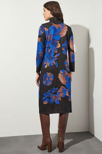 Floral Turtleneck Soft Knit Midi Dress, Black/Deep Sky/Chestnut/Camel | Ming Wang