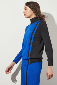 Colorblock Cable Soft Knit Turtleneck Tunic, Deep Sky/Black | Ming Wang