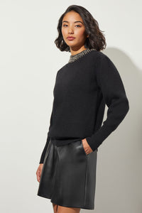 Contrast Collar Puff Sleeve Knit Tunic, Black | Ming Wang