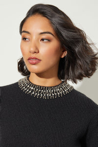 Contrast Collar Puff Sleeve Knit Tunic, Black | Ming Wang
