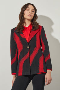 Plus Size One-Button Jacket - Animal Jacquard Knit, Garnet/Black | Ming Wang