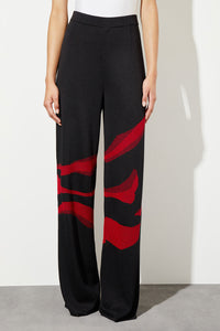 Plus Size Pull-On Wide Leg Pants - Animal Pattern Soft Knit, Garnet/Black | Ming Wang