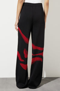 Plus Size Pull-On Wide Leg Pants - Animal Pattern Soft Knit, Garnet/Black | Ming Wang