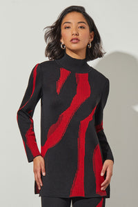 Plus Size Mock Neck Tunic - Animal Pattern Soft Knit, Garnet/Black | Ming Wang
