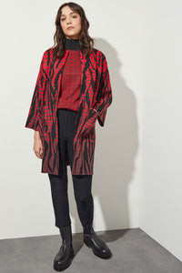 Plus Size Open Front Jacket - Animal Pattern Cozy Knit, Garnet/Auburn Brown/Black | Ming Wang