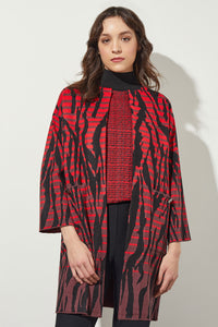 Plus Size Open Front Jacket - Animal Pattern Cozy Knit, Garnet/Auburn Brown/Black | Ming Wang