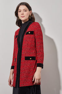 Tailored Jacket - Velvet Trim Tweed Knit, Garnet/Auburn Brown/Orzo/Black | Ming Wang