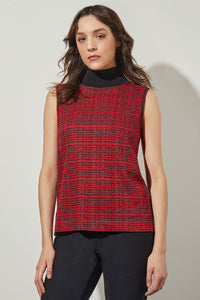 Plus Size Mock Neck Tank - Stripe Soft Knit, Garnet/Auburn Brown/Black | Ming Wang