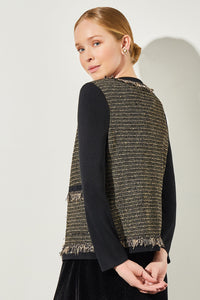Plus Size Eyelash Trim Jacket - Shimmer Tweed Knit, Black/Gold | Ming Wang
