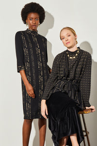 Plus Size Knee Length Shift Dress - Shimmer Soft Knit, Black/Gold | Ming Wang