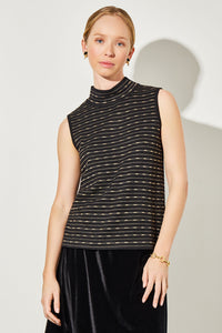 Plus Size Mock Neck Tank - Shimmer Soft Knit, Black/Gold | Ming Wang