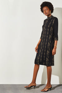 Plus Size Knee Length Shift Dress - Shimmer Soft Knit, Black/Gold | Ming Wang