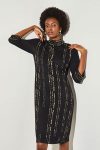 Knee Length Shift Dress - Shimmer Soft Knit, Black/Gold | Ming Wang