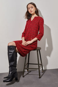 Mini Shift Dress - Split Neck Tweed Knit, Garnet/Auburn Brown/Orzo/Black | Ming Wang