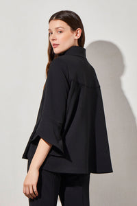 Button-Front Bell Sleeve Deco Crepe Jacket, Black, Black | Ming Wang