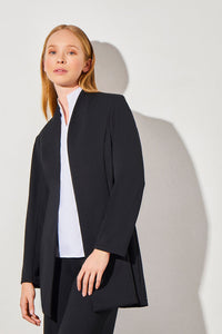 Plus Size Mandarin Collar Open Front Deco Crepe Jacket, Black | Ming Wang