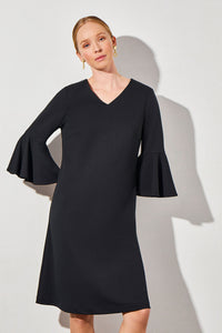 Flounce Sleeve Deco Crepe Dress, Black | Ming Wang