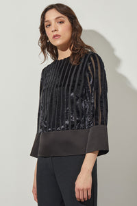 Sheer Sleeve Blouse - Velvet Stripe, Black/Silver | Ming Wang