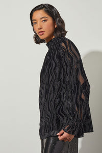 Gathered Neck Blouse - Velvet Pattern, Black | Ming Wang