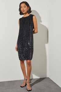 Knee Length Shift Dress - Sleeveless Velvet Stripe, Black/Silver | Ming Wang