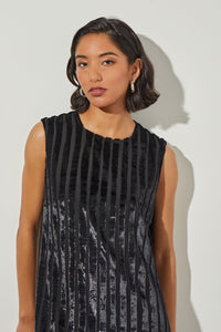 Knee Length Shift Dress - Sleeveless Velvet Stripe, Black/Silver | Ming Wang