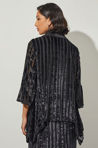 One-Button Jacket - Collared Velvet Stripe, Black/Silver | Ming Wang