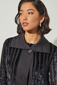 One-Button Jacket - Collared Velvet Stripe, Black/Silver | Ming Wang