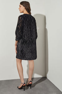 Knee Length Shift Dress - Long Sleeve Velvet Stripe, Black | Ming Wang