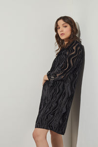 Knee Length Shift Dress - Long Sleeve Velvet Stripe, Black | Ming Wang
