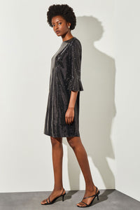 Knee Length Shift Dress - Bell Sleeve Sequin, Black | Ming Wang